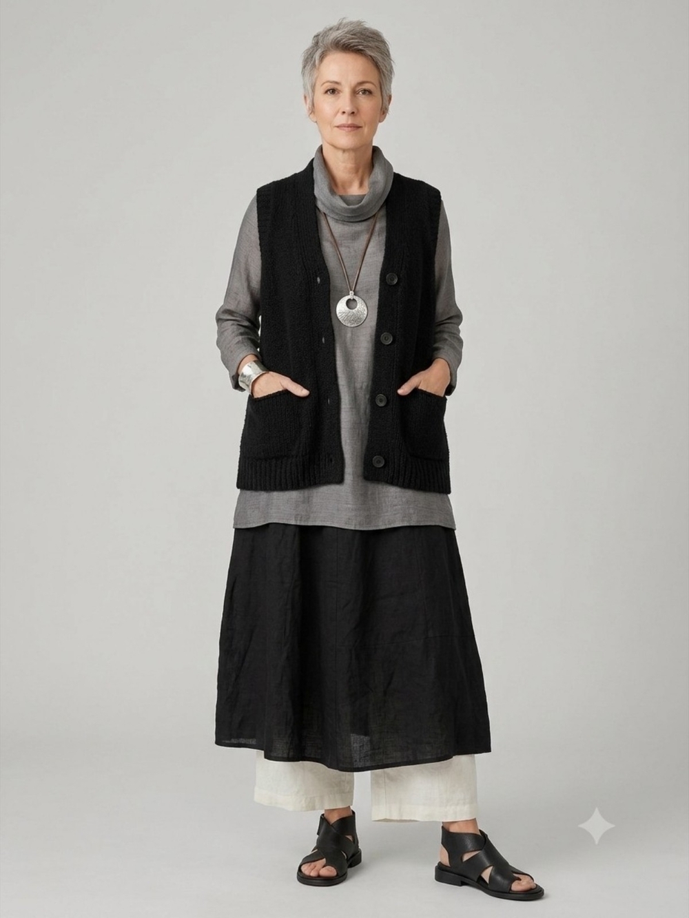 Sarah Pacini Black 100% Linen Midi Skirt Asymmetric Italian Luxury Size 3 (L) - Picture 12 of 12